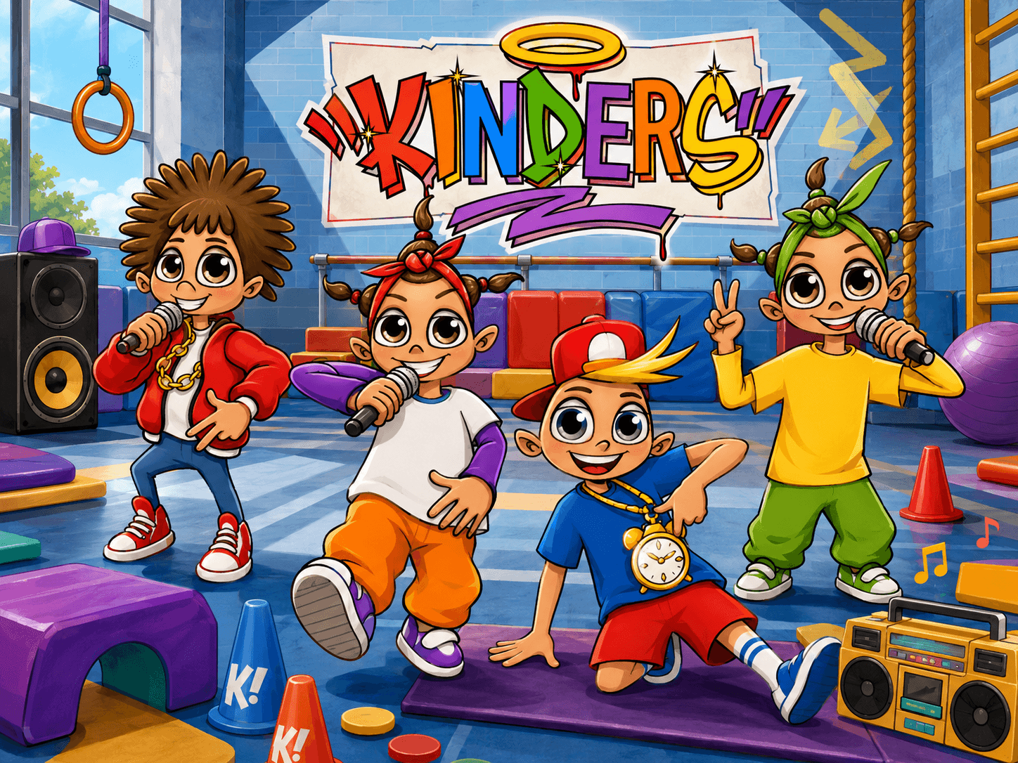 Illustrierte KINDERS Gruppe mit Musik und Bewegungsstationen in einer Turnhalle